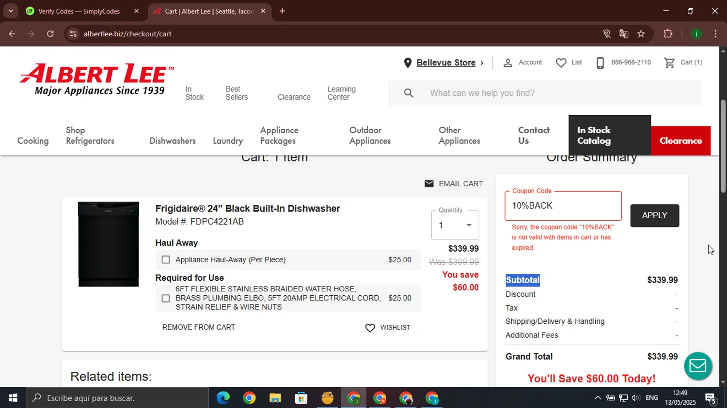 Albert Lee Appliance promo code screenshot showing code 10%BACK applied at Albert Lee Appliance checkout page. Uploaded by SimplyCodes community member jorgeroz on May 13, 2025