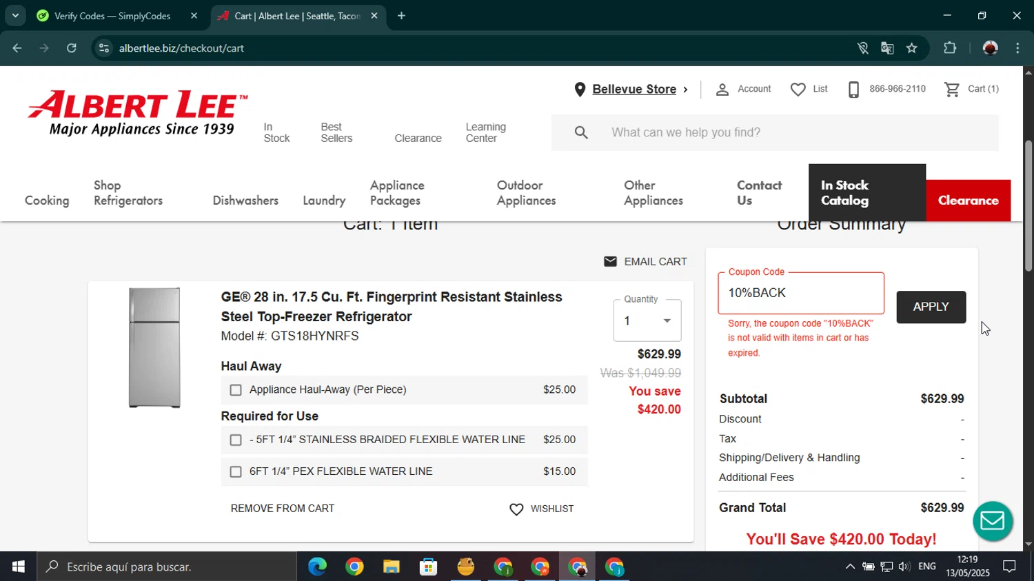 Albert Lee Appliance promo code screenshot showing code 10%BACK applied at Albert Lee Appliance checkout page. Uploaded by SimplyCodes community member youngonzalo on May 13, 2025