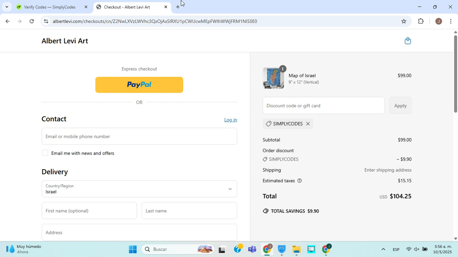 Albert Levi Art promo code screenshot showing code SIMPLYCODES applied at Albert Levi Art checkout page. Uploaded by SimplyCodes community member ABHF23 on May 10, 2025