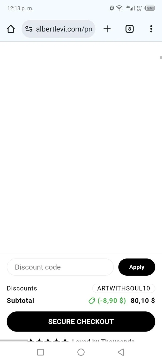 Albert Levi Art promo code screenshot showing code ARTWITHSOUL10 applied at Albert Levi Art checkout page. Uploaded by SimplyCodes community member couponcheck02 on Dec 8, 2025