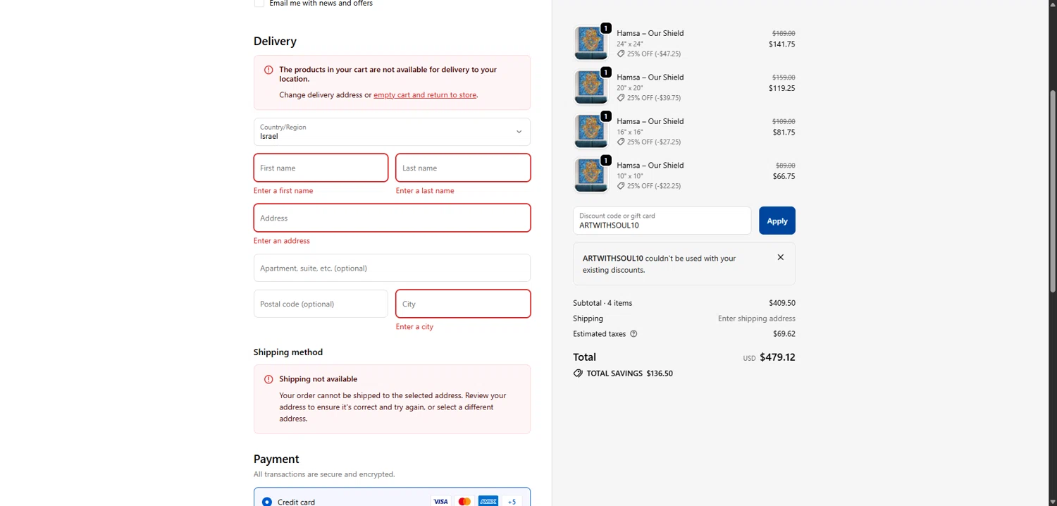 Albert Levi Art promo code screenshot showing code ARTWITHSOUL10 applied at Albert Levi Art checkout page. Uploaded by SimplyCodes community member VoucherVirtuoso5207 on Nov 17, 2025