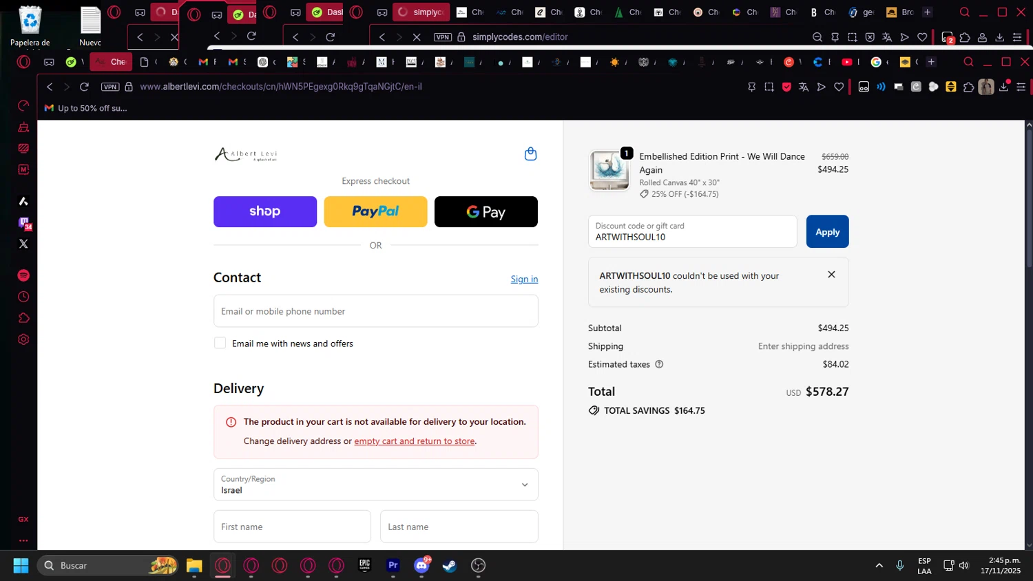 Albert Levi Art promo code screenshot showing code ARTWITHSOUL10 applied at Albert Levi Art checkout page. Uploaded by SimplyCodes community member kurcovein on Nov 17, 2025