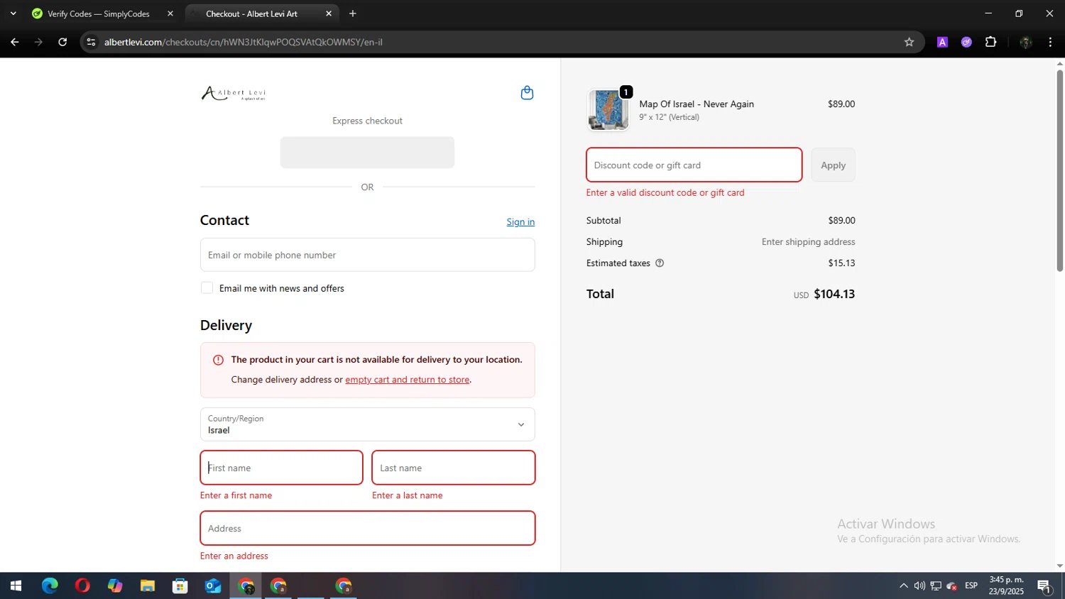 Albert Levi Art promo code screenshot showing code SIMPLYCODES20 applied at Albert Levi Art checkout page. Uploaded by SimplyCodes community member Andy2323 on Sep 23, 2025