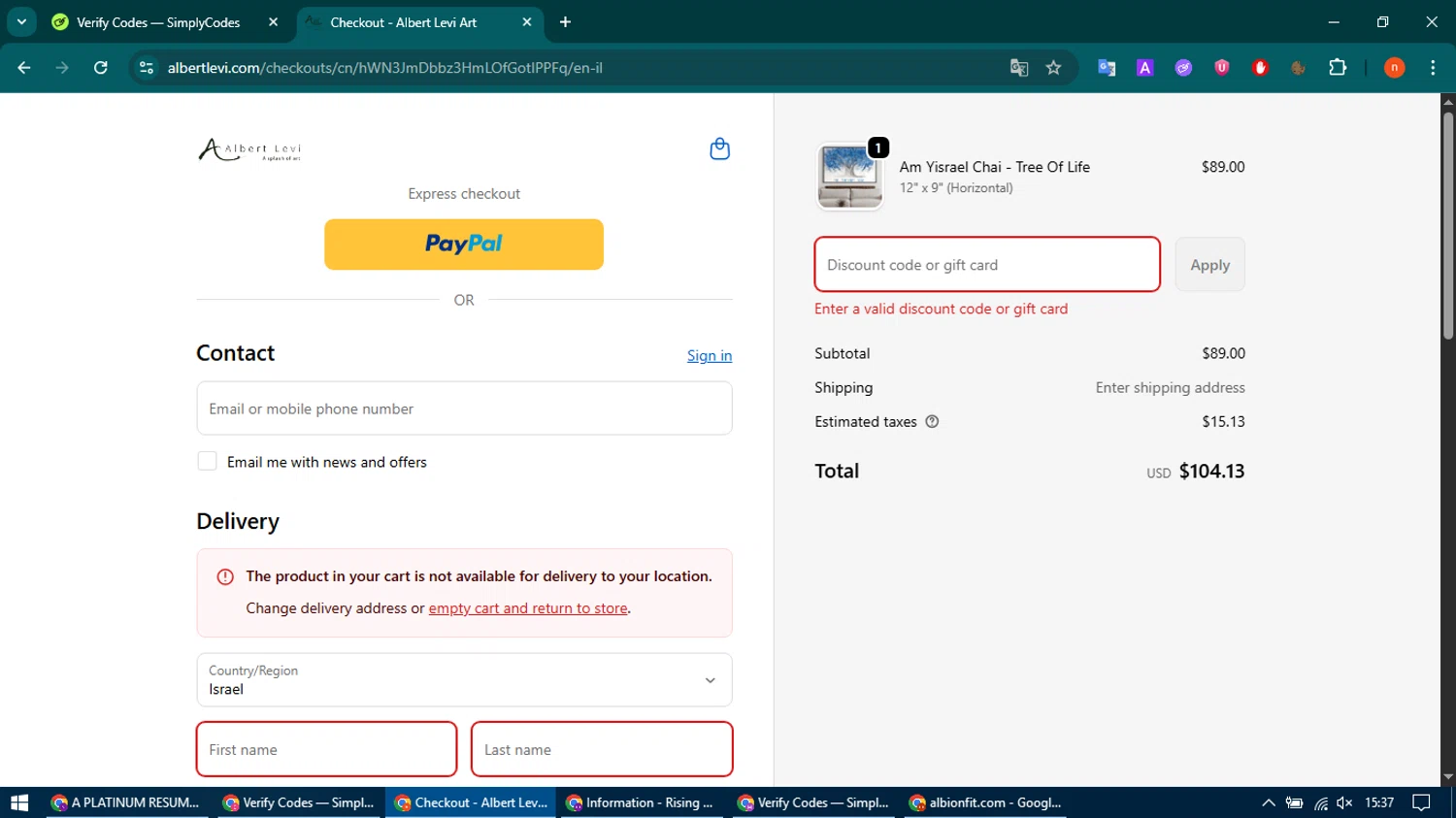 Albert Levi Art promo code screenshot showing code SIMPLYCODES20 applied at Albert Levi Art checkout page. Uploaded by SimplyCodes community member CoinMaven895 on Sep 23, 2025