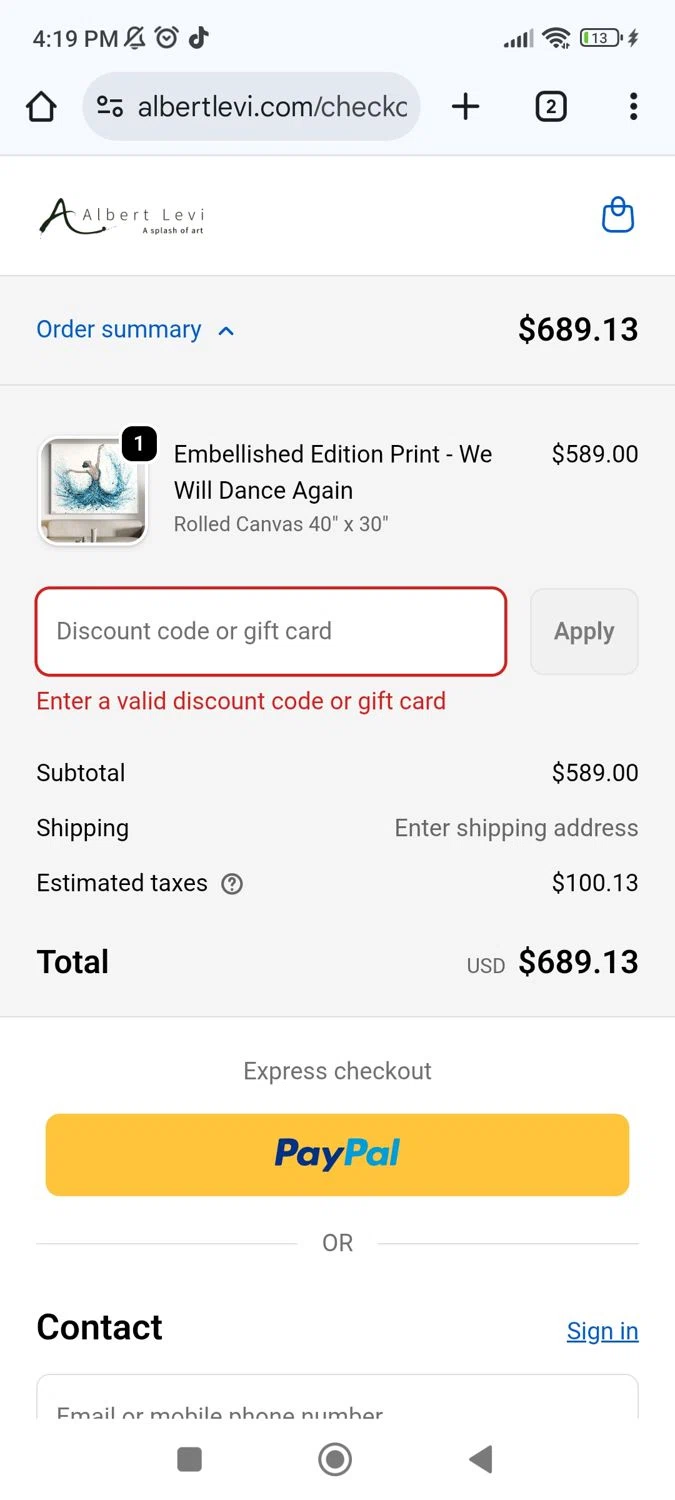 Albert Levi Art promo code screenshot showing code SIMPLYCODES20 applied at Albert Levi Art checkout page. Uploaded by SimplyCodes community member LegendaryCaptain5016 on Sep 23, 2025