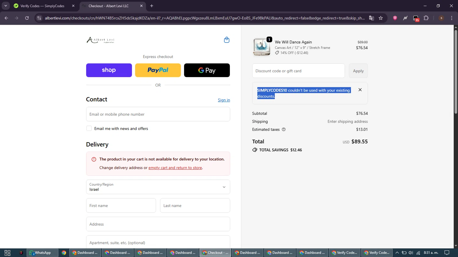 Albert Levi Art checkout page showing Albert Levi Art promo code box | Screenshot taken by SimplyCodes community member on Dec 31, 2025