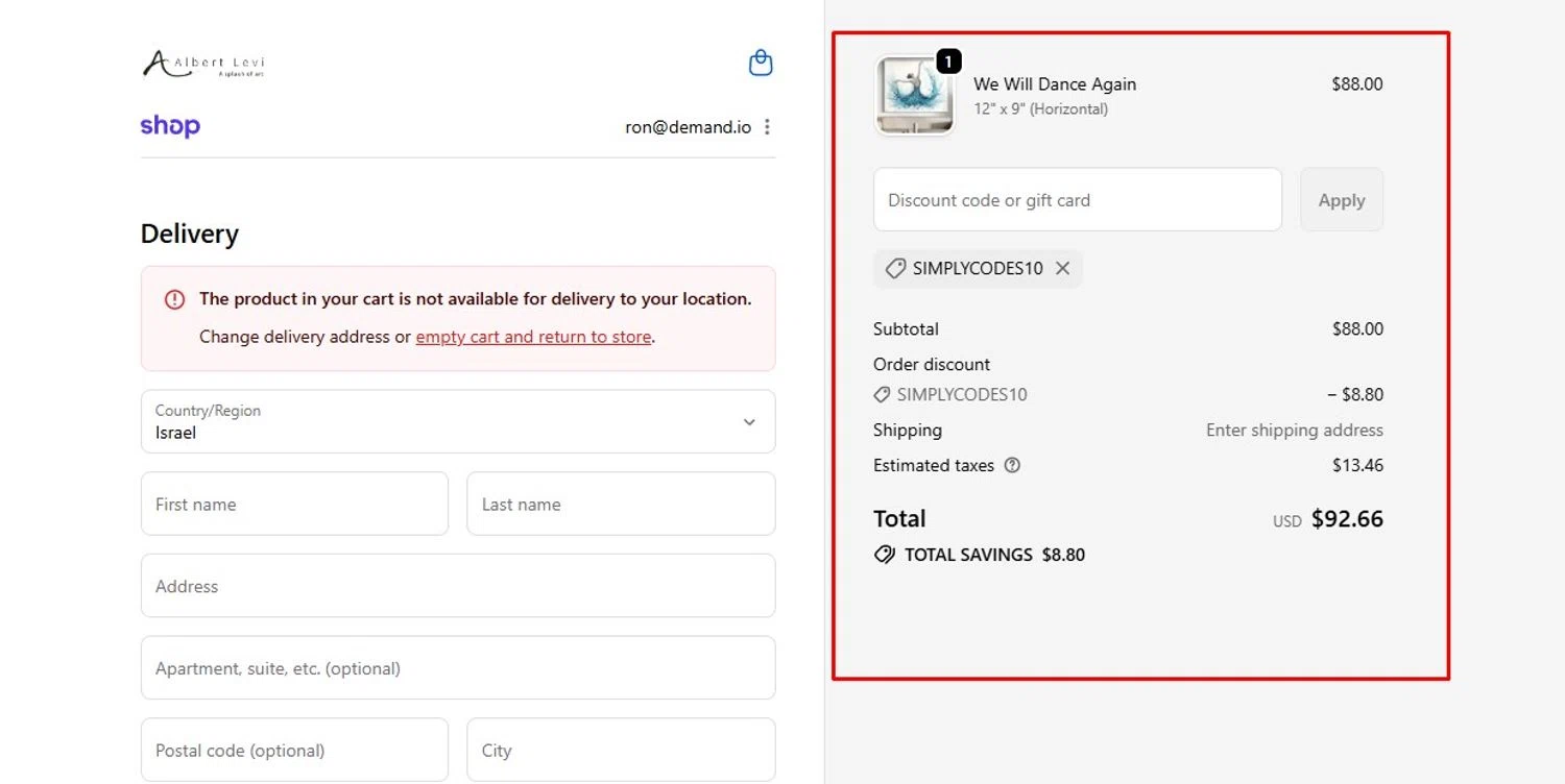 Albert Levi Art promo code screenshot showing code SIMPLYCODES10 applied at Albert Levi Art checkout page. Uploaded by SimplyCodes community member Swiftdealz on Nov 15, 2025