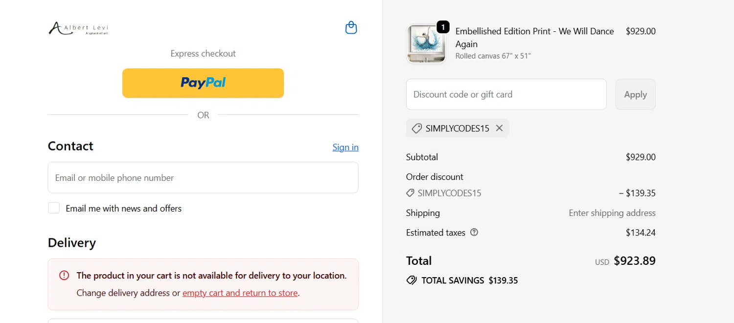 Albert Levi Art promo code screenshot showing code SIMPLYCODES15 applied at Albert Levi Art checkout page. Uploaded by SimplyCodes community member Jameszy on Sep 29, 2025