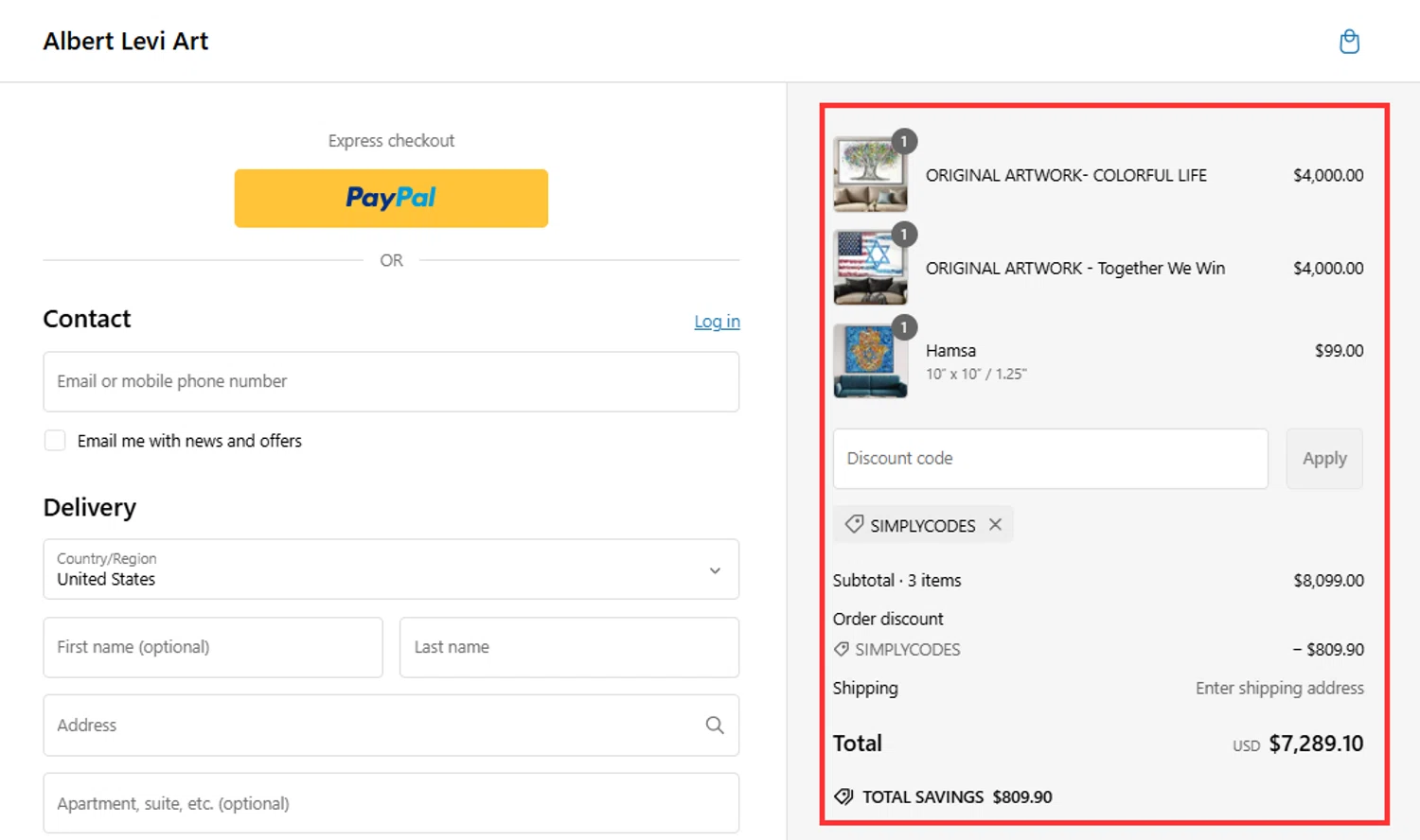 Albert Levi Art promo code screenshot showing code SIMPLYCODES applied at Albert Levi Art checkout page. Uploaded by SimplyCodes community member RebateHunter3112 on Feb 21, 2025