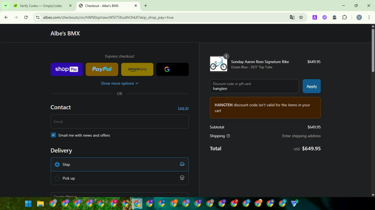 Albes's BMX promo code screenshot showing code hangten applied at Albes's BMX checkout page. Uploaded by SimplyCodes community member SwiftScout1619 on Jul 24, 2025