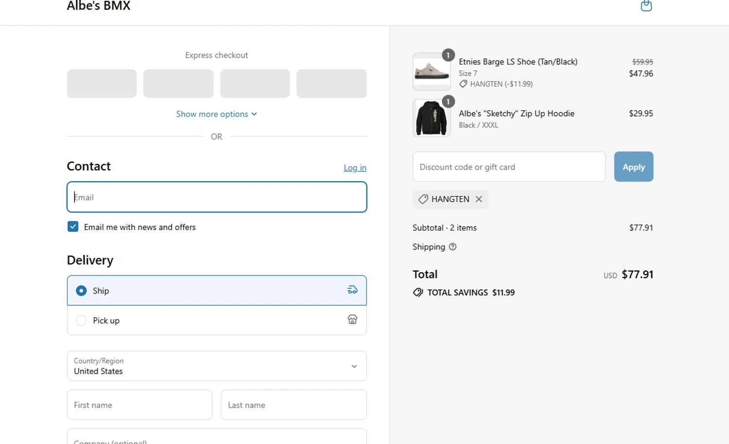 Albes's BMX promo code screenshot showing code hangten applied at Albes's BMX checkout page. Uploaded by SimplyCodes community member alexbrown on Jul 27, 2025