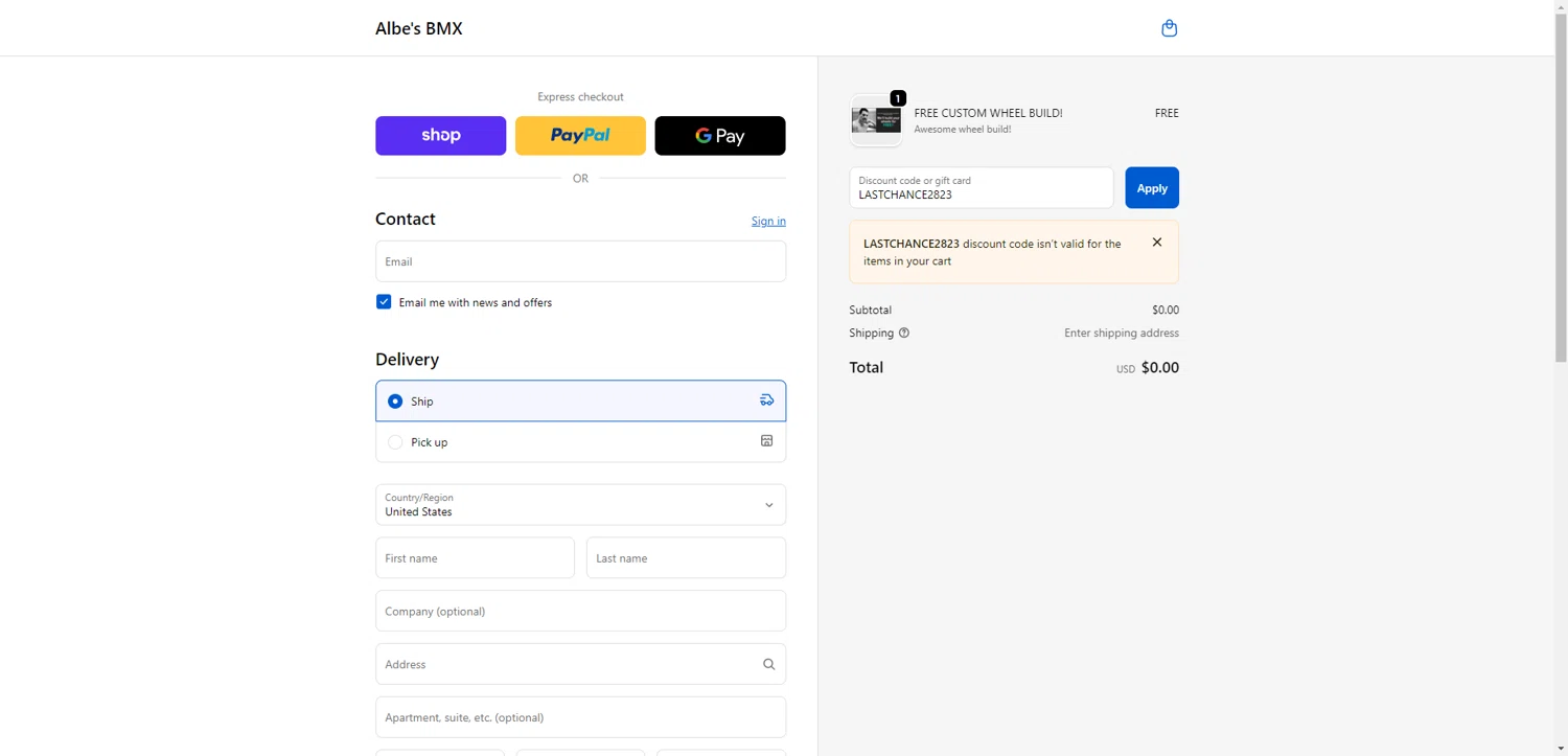 Albes's BMX promo code screenshot showing code LASTCHANCE2823 applied at Albes's BMX checkout page. Uploaded by SimplyCodes community member ThriftyPhoenix5129 on Dec 4, 2025