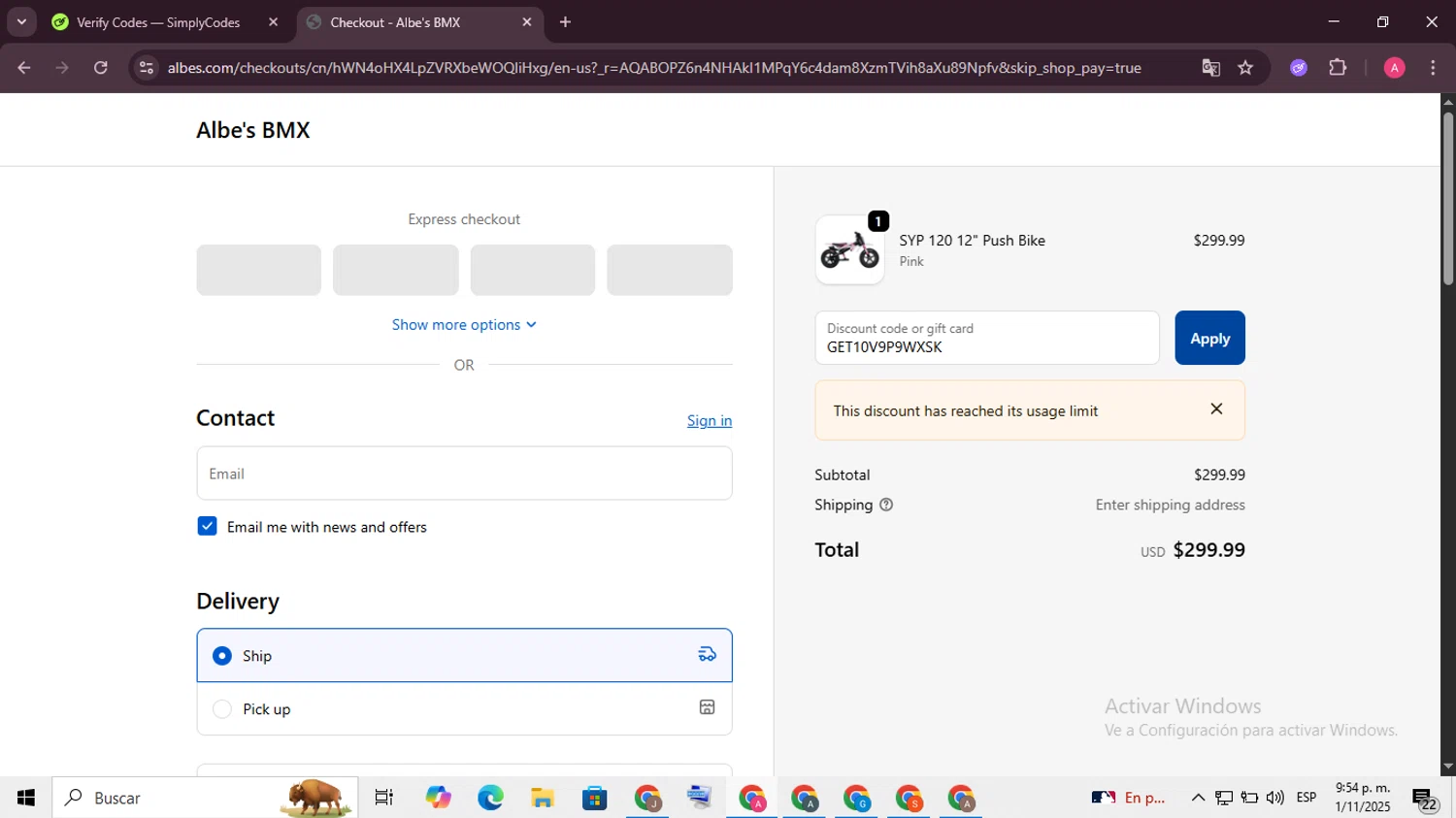 Albes's BMX promo code screenshot showing code GET10V9P9WXSK applied at Albes's BMX checkout page. Uploaded by SimplyCodes community member SaleScholar6713 on Nov 2, 2025