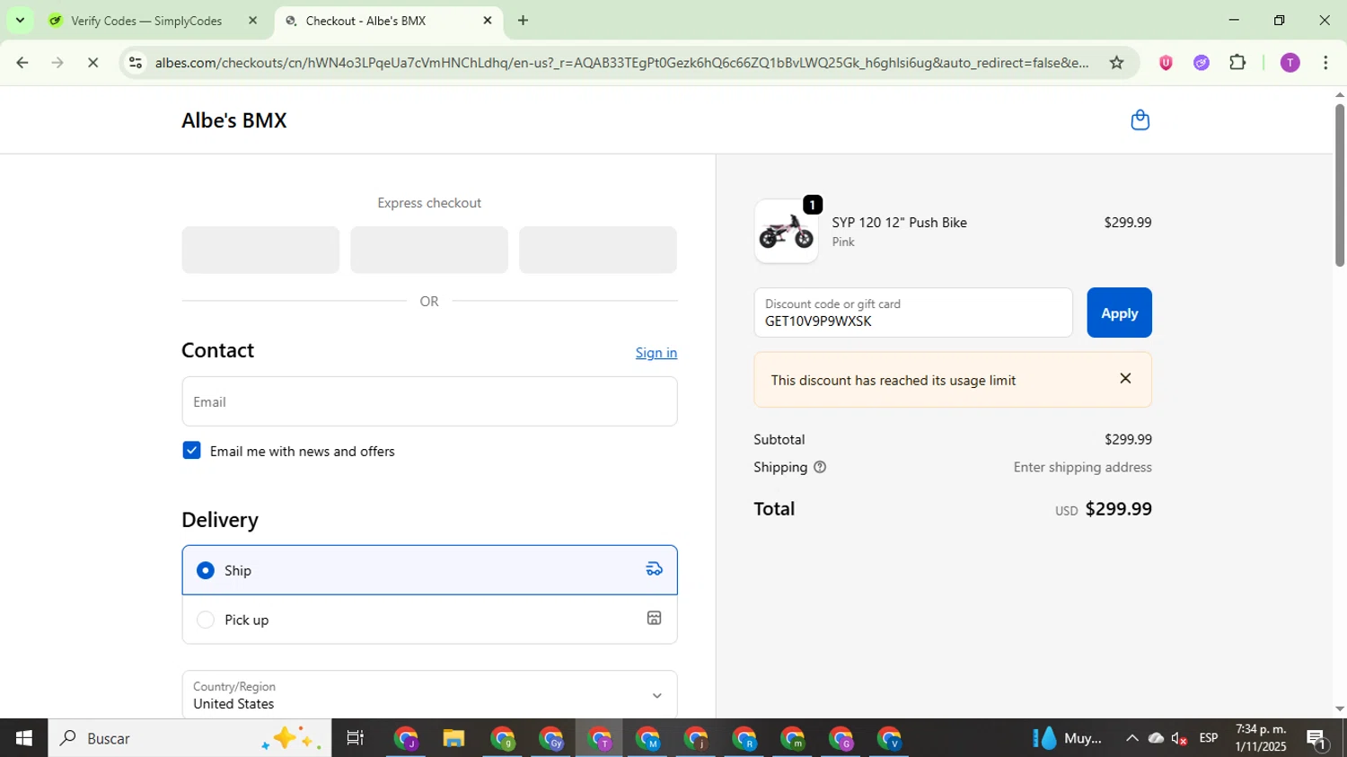 Albes's BMX promo code screenshot showing code GET10V9P9WXSK applied at Albes's BMX checkout page. Uploaded by SimplyCodes community member ThriftyCurator4085 on Nov 1, 2025