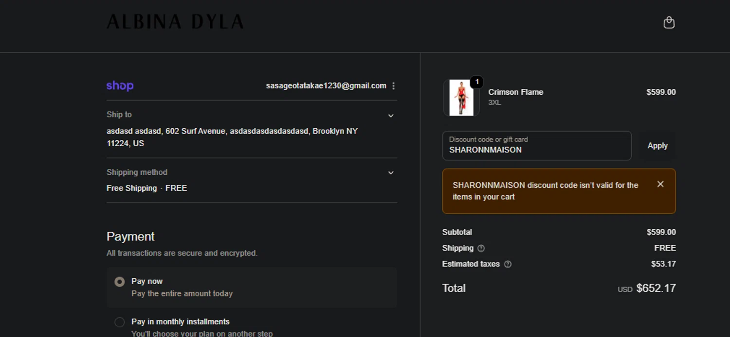 Albina Dyla discount code screenshot showing code SHARONNMAISON applied at Albina Dyla checkout page. Uploaded by SimplyCodes community member FIREINTHEHOLE on Nov 25, 2025