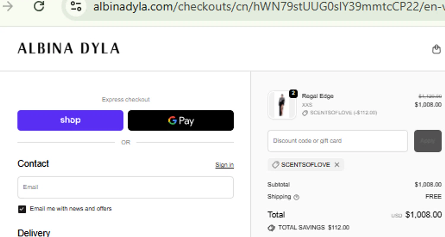 Albina Dyla checkout page showing Albina Dyla discount code box | Screenshot taken by SimplyCodes community member on Jan 2, 2026