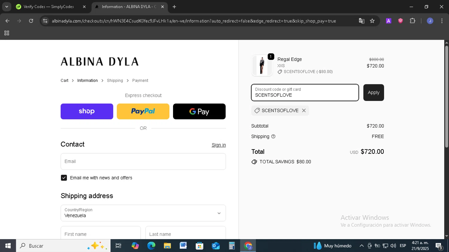 Albina Dyla discount code screenshot showing code SCENTSOFLOVE applied at Albina Dyla checkout page. Uploaded by SimplyCodes community member EpicSage3474 on Sep 21, 2025