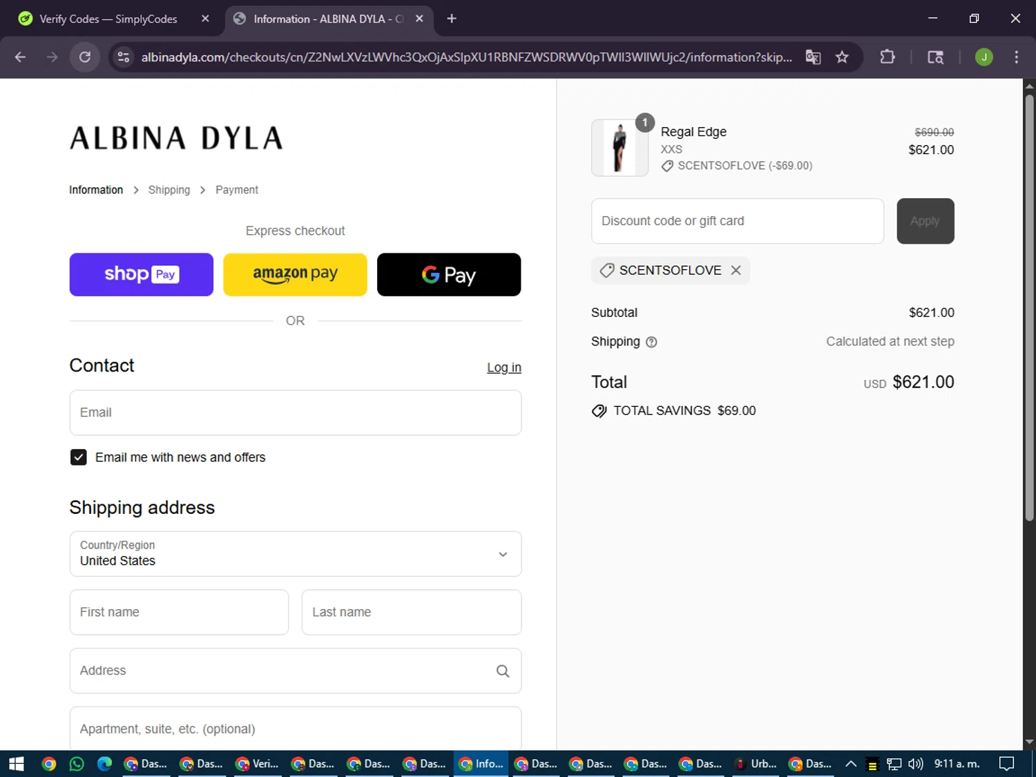 Albina Dyla discount code screenshot showing code SCENTSOFLOVE applied at Albina Dyla checkout page. Uploaded by SimplyCodes community member LilBaby on Jul 11, 2025