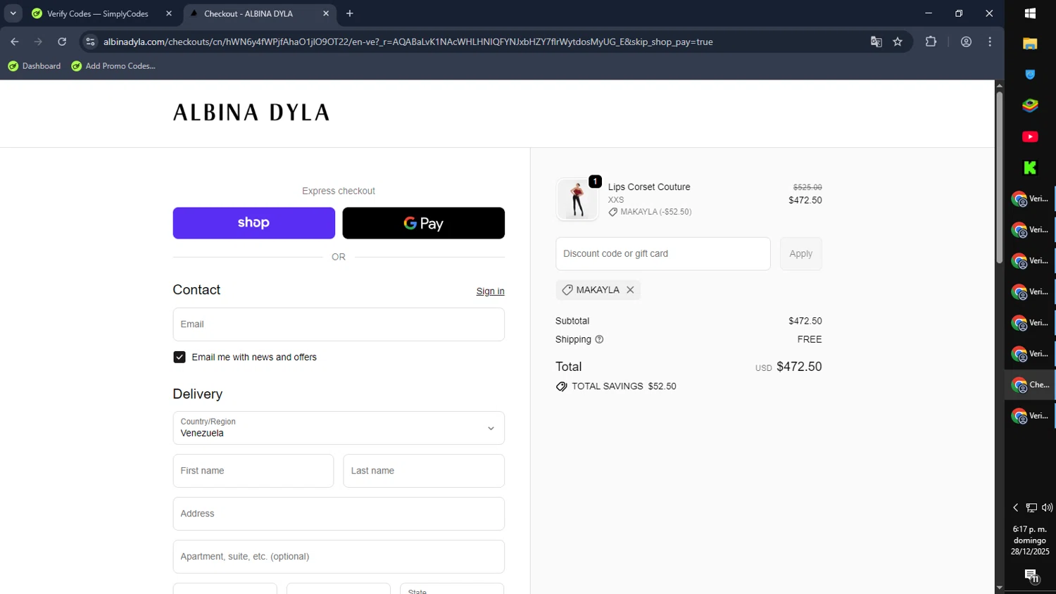 Albina Dyla discount code screenshot showing code Makayla applied at Albina Dyla checkout page. Uploaded by SimplyCodes community member PromoScout8746 on Dec 28, 2025