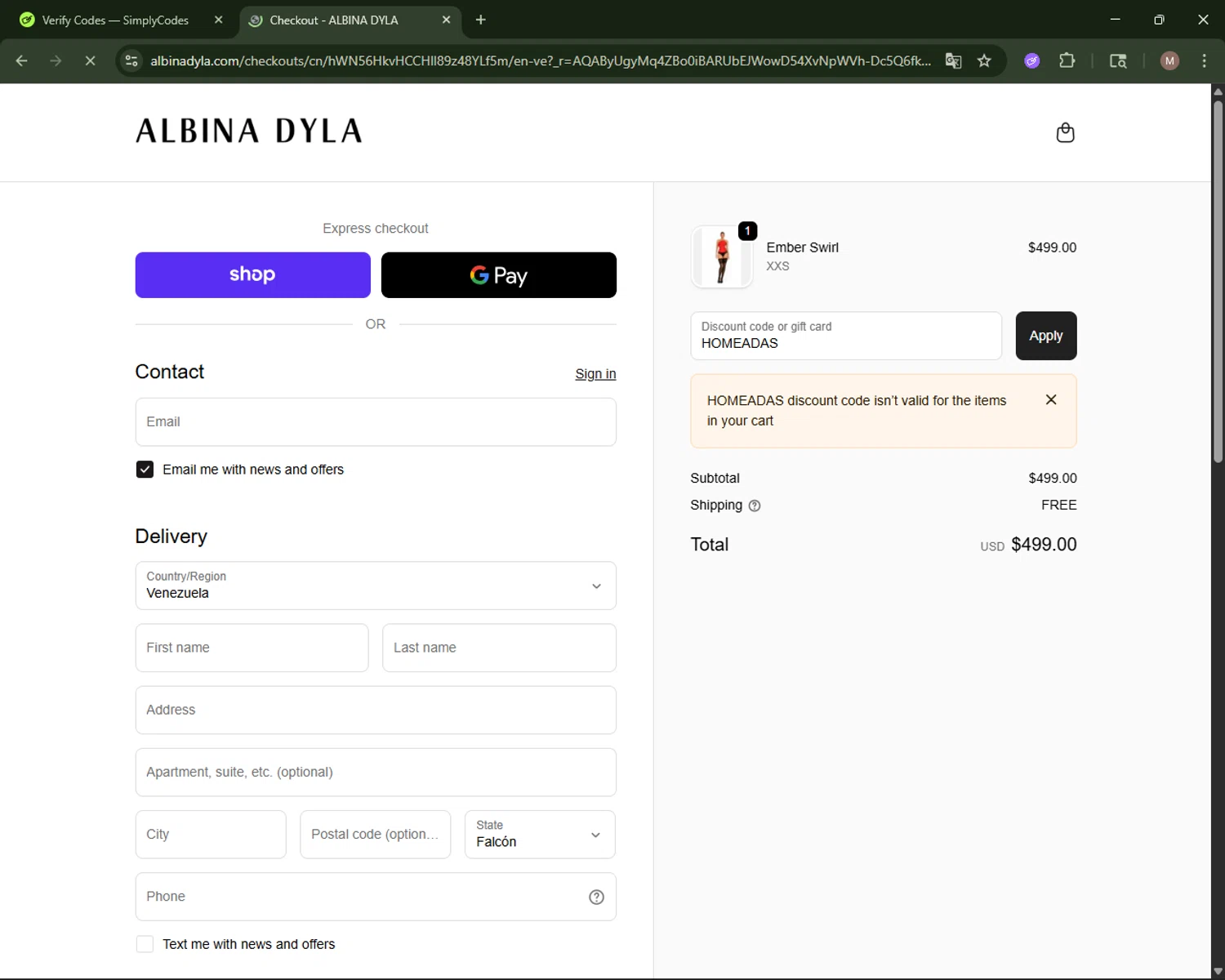 Albina Dyla discount code screenshot showing code HOMEADAS applied at Albina Dyla checkout page. Uploaded by SimplyCodes community member CoinLegend4598 on Nov 9, 2025