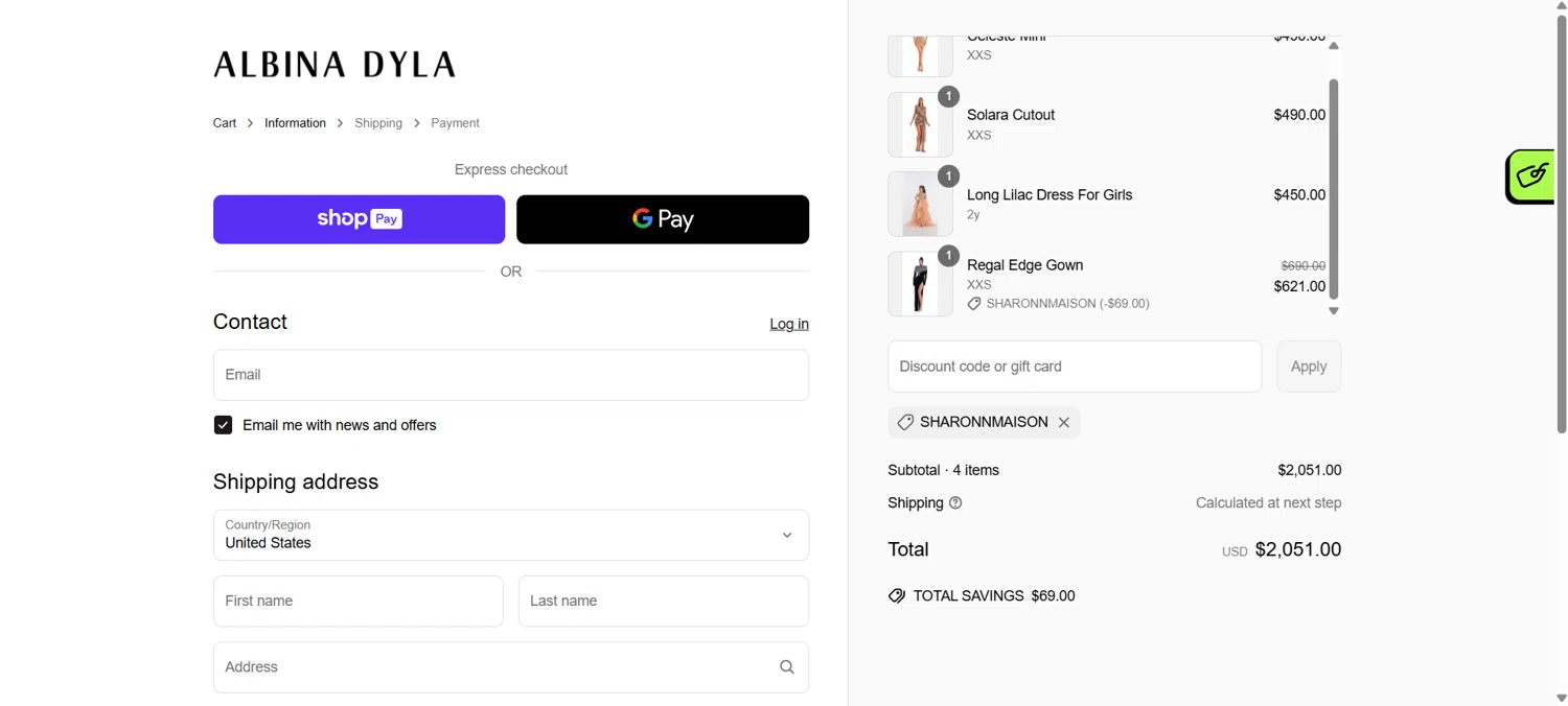 Albina Dyla discount code screenshot showing code SHARONNMAISON applied at Albina Dyla checkout page. Uploaded by SimplyCodes community member HoneyJean on Apr 20, 2025