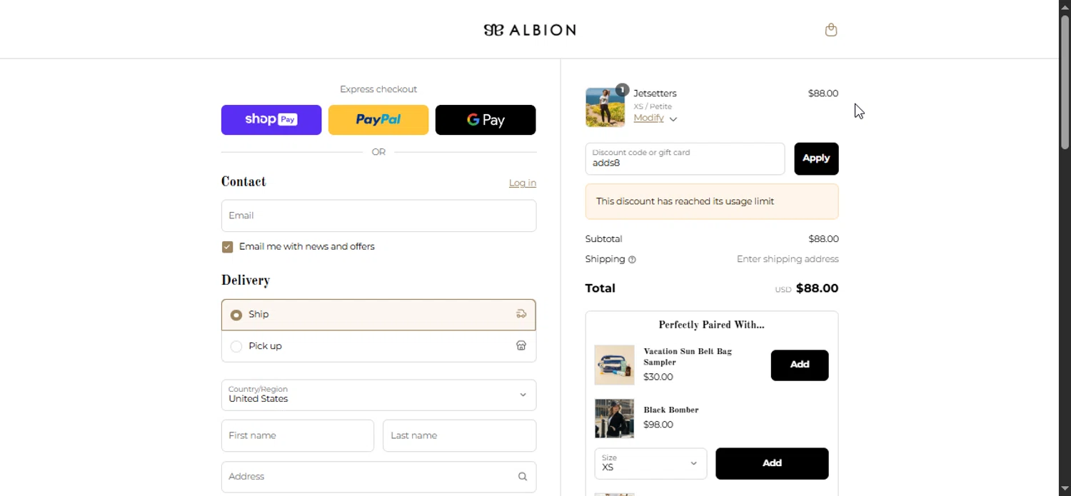 Albion Fit coupon code screenshot showing code adds8 applied at Albion Fit checkout page. Uploaded by SimplyCodes community member Bendito on Aug 28, 2025