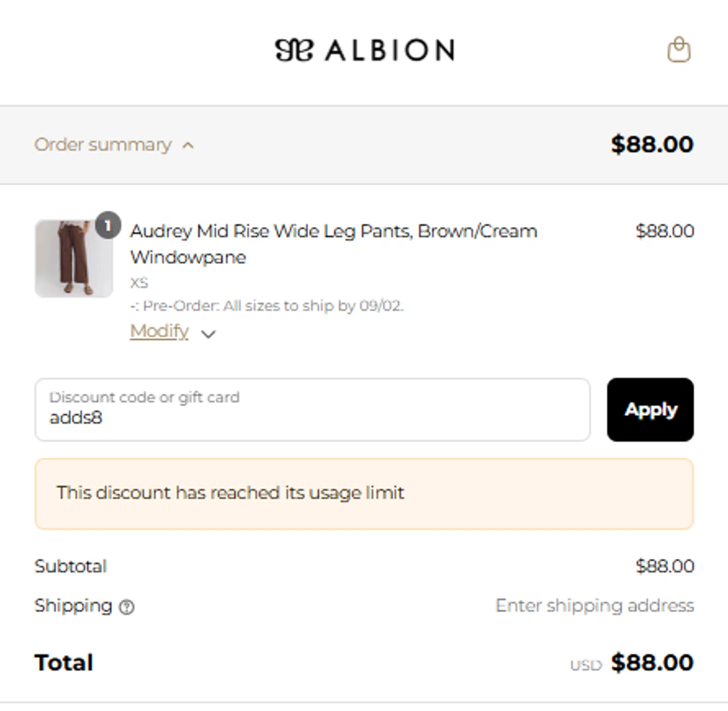 Albion Fit coupon code screenshot showing code adds8 applied at Albion Fit checkout page. Uploaded by SimplyCodes community member MariaRoma on Aug 28, 2025