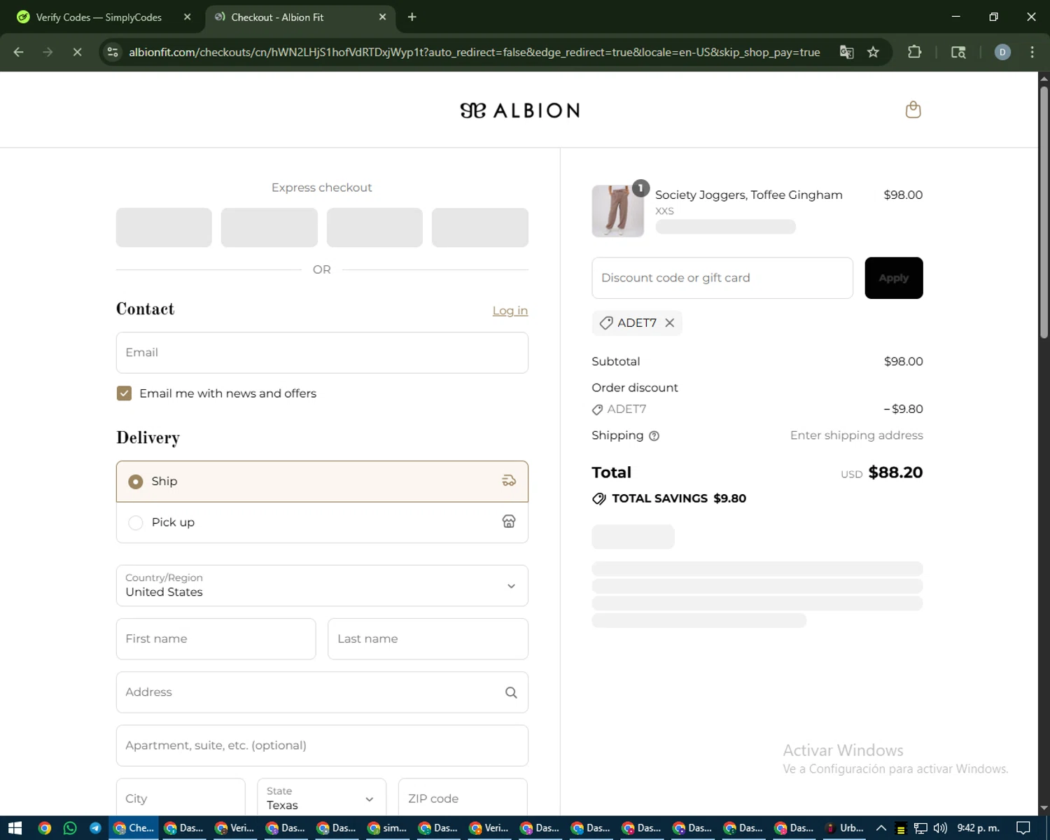 Albion Fit coupon code screenshot showing code ADET7 applied at Albion Fit checkout page. Uploaded by SimplyCodes community member CleverCurator2558 on Aug 29, 2025