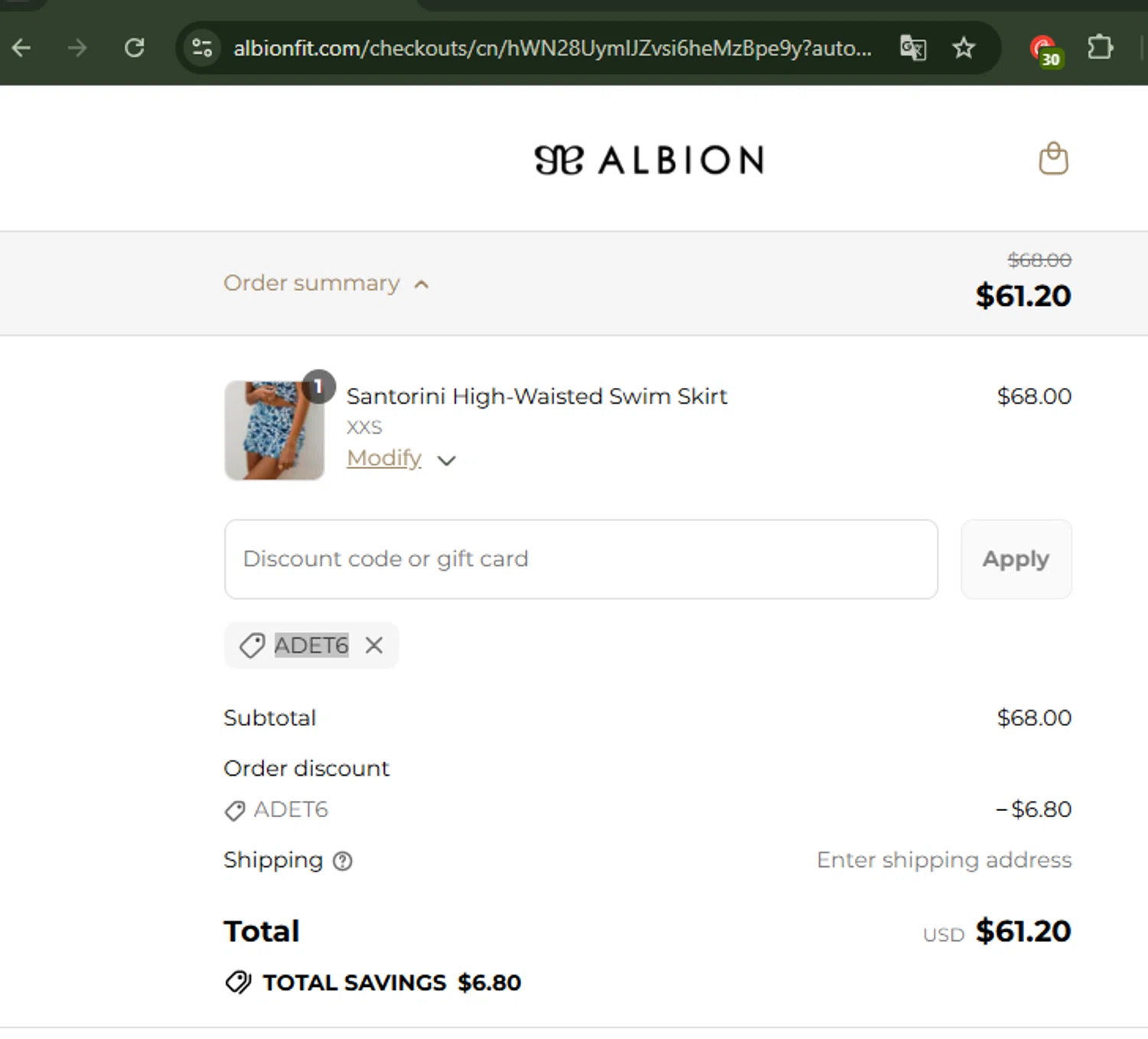 Albion Fit coupon code screenshot showing code ADET6 applied at Albion Fit checkout page. Uploaded by SimplyCodes community member CoinWhiz5156 on Aug 29, 2025