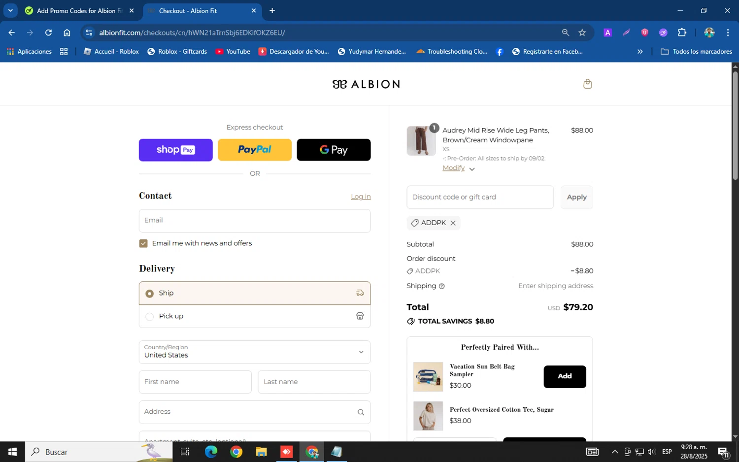 Albion Fit coupon code screenshot showing code addpk applied at Albion Fit checkout page. Uploaded by SimplyCodes community member XemoGOD on Aug 28, 2025