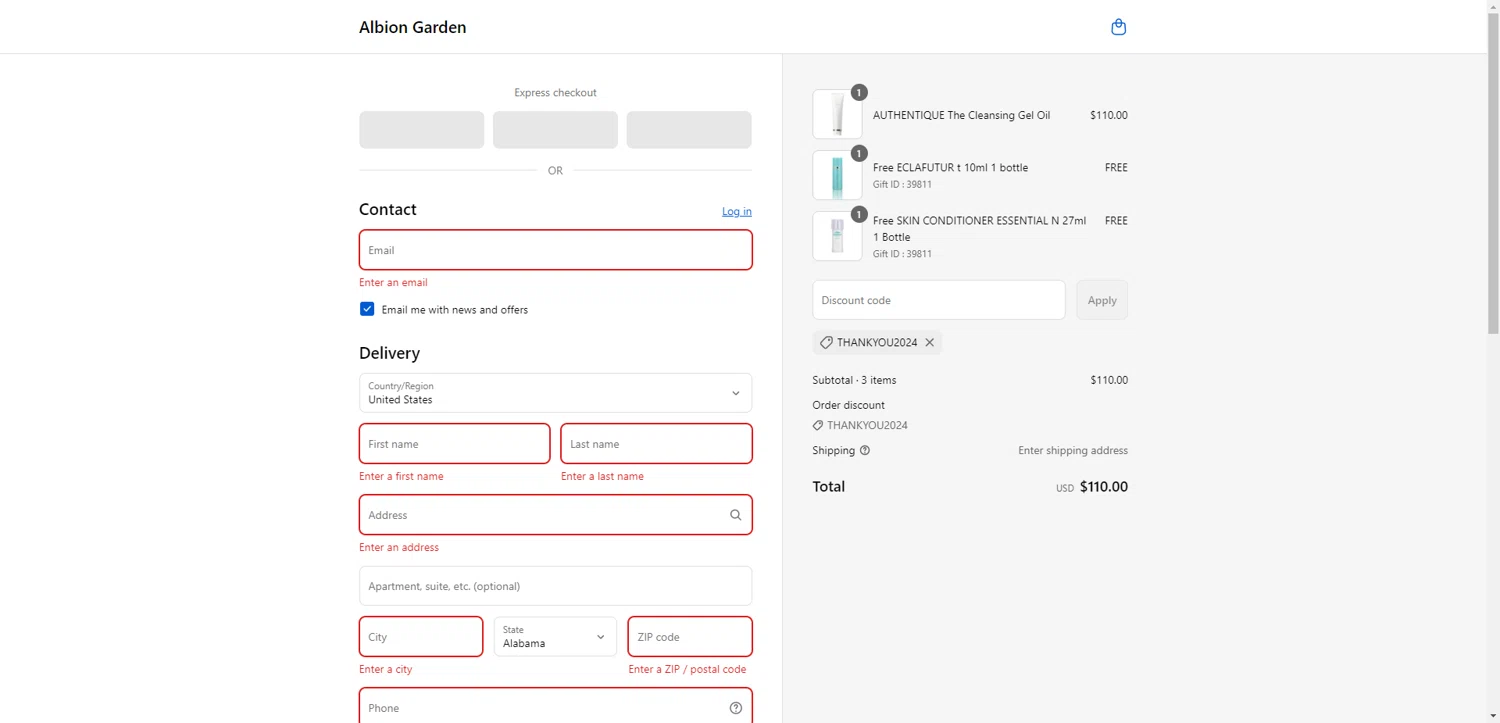 ALBION GARDEN discount code screenshot showing code THANKYOU2024 applied at ALBION GARDEN checkout page. Uploaded by SimplyCodes community member DiscountWarden480 on Sep 2, 2025