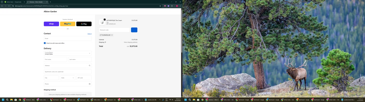 ALBION GARDEN discount code screenshot showing code FLORADELUXE applied at ALBION GARDEN checkout page. Uploaded by SimplyCodes community member ExtraordinaryVirtuoso281 on Oct 21, 2025
