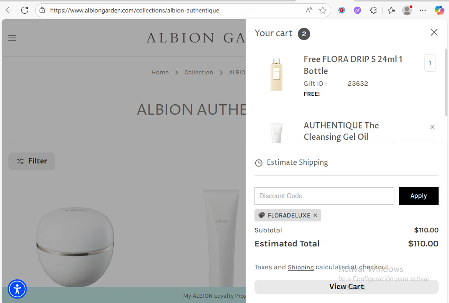 ALBION GARDEN discount code screenshot showing code FLORADELUXE applied at ALBION GARDEN checkout page. Uploaded by SimplyCodes community member Franco20 on Sep 19, 2025