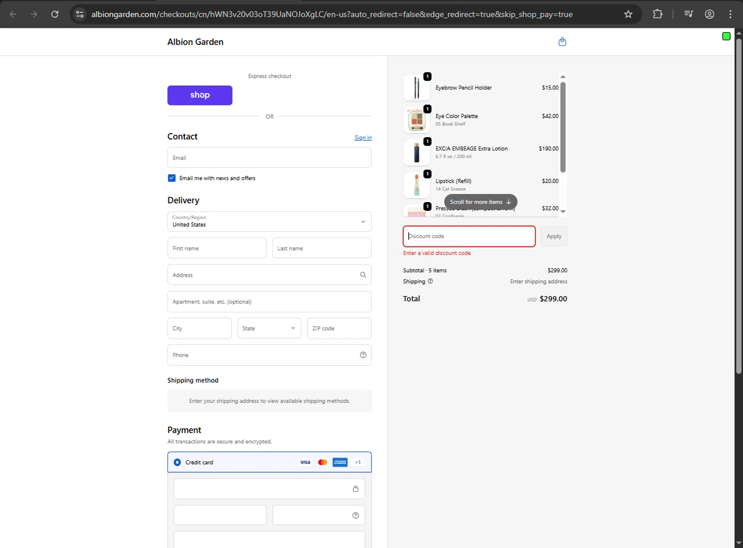 ALBION GARDEN discount code screenshot showing code 2DMOON2025 applied at ALBION GARDEN checkout page. Uploaded by SimplyCodes community member jickselyspolanco on Oct 9, 2025