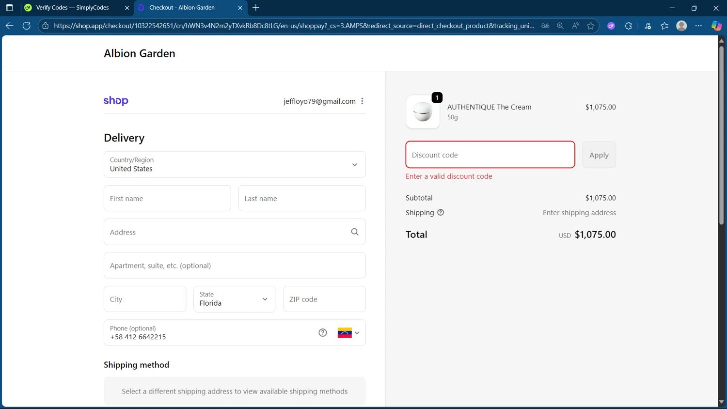 ALBION GARDEN discount code screenshot showing code 2DMOON2025 applied at ALBION GARDEN checkout page. Uploaded by SimplyCodes community member steve_jeff on Oct 9, 2025