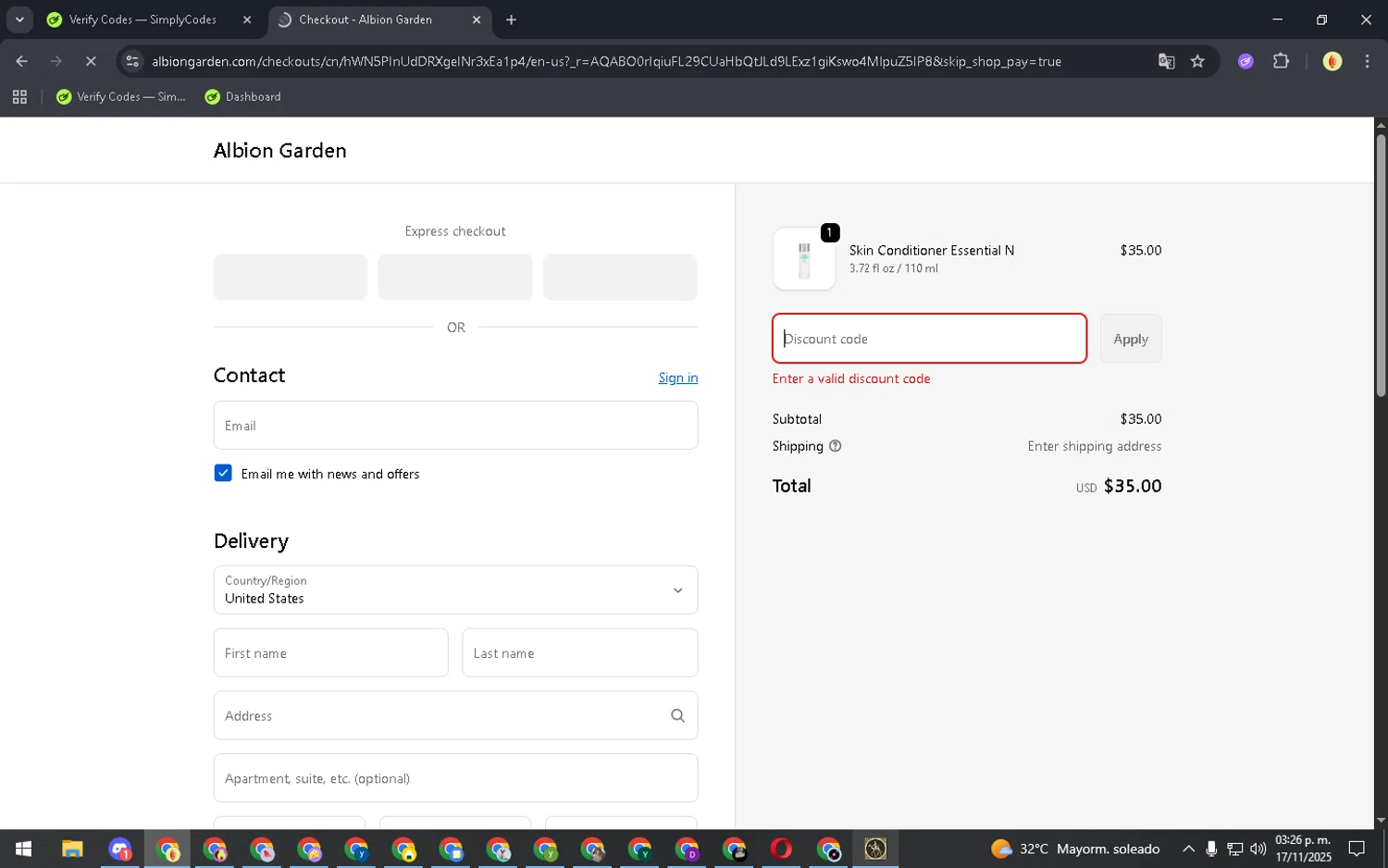 ALBION GARDEN discount code screenshot showing code SGDM2025 applied at ALBION GARDEN checkout page. Uploaded by SimplyCodes community member NobleCurator2111 on Nov 17, 2025