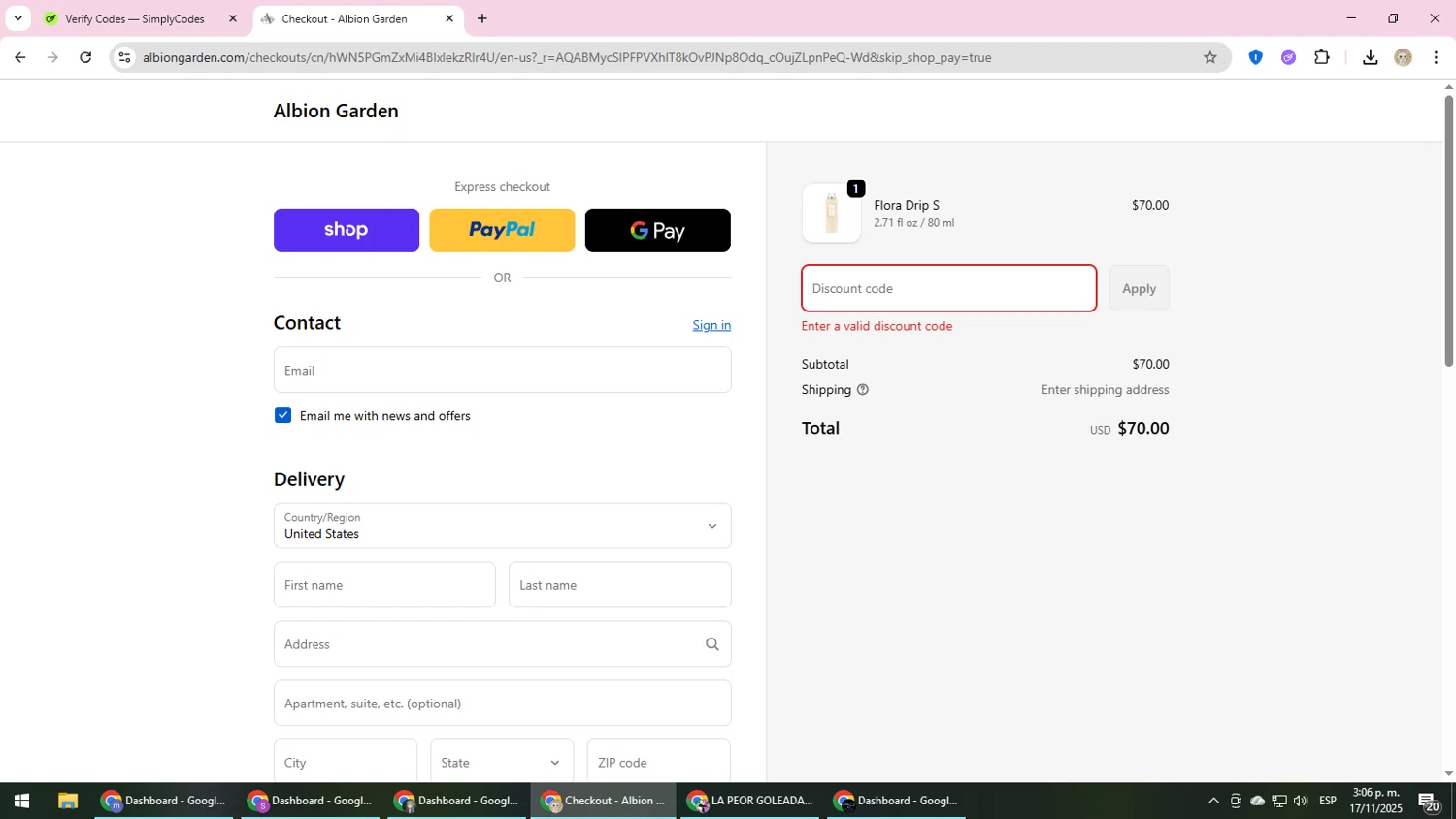 ALBION GARDEN discount code screenshot showing code SGDM2025 applied at ALBION GARDEN checkout page. Uploaded by SimplyCodes community member NobleScholar4826 on Nov 17, 2025