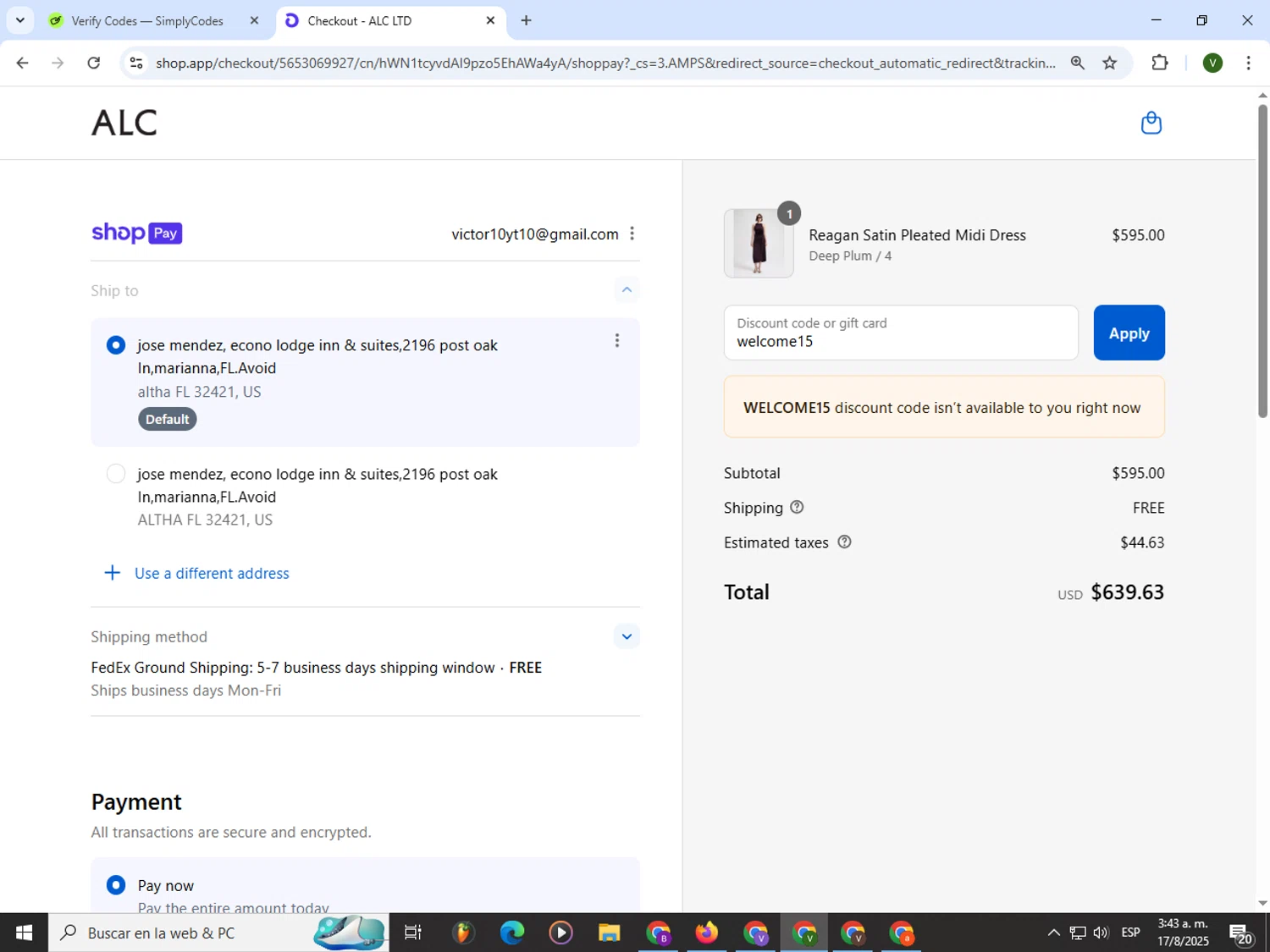 A.L.C. promo code screenshot showing code welcome15 applied at A.L.C. checkout page. Uploaded by SimplyCodes community member PrimeWizard4168 on Aug 17, 2025