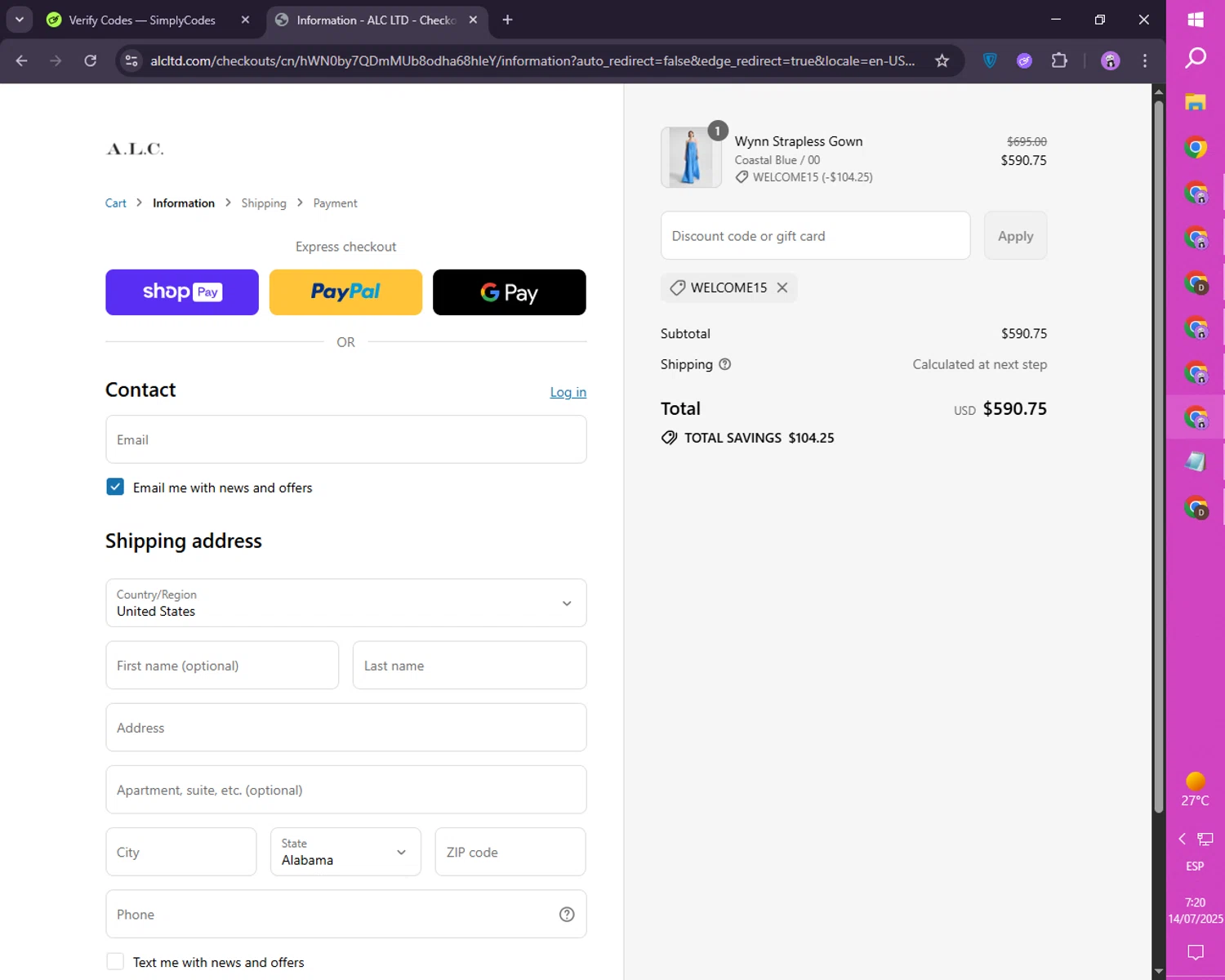 A.L.C. promo code screenshot showing code welcome15 applied at A.L.C. checkout page. Uploaded by SimplyCodes community member SmartLion1183 on Jul 14, 2025