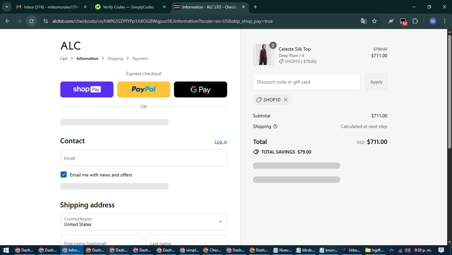 A.L.C. promo code screenshot showing code SHOP10 applied at A.L.C. checkout page. Uploaded by SimplyCodes community member PrimeFox5260 on Aug 27, 2025