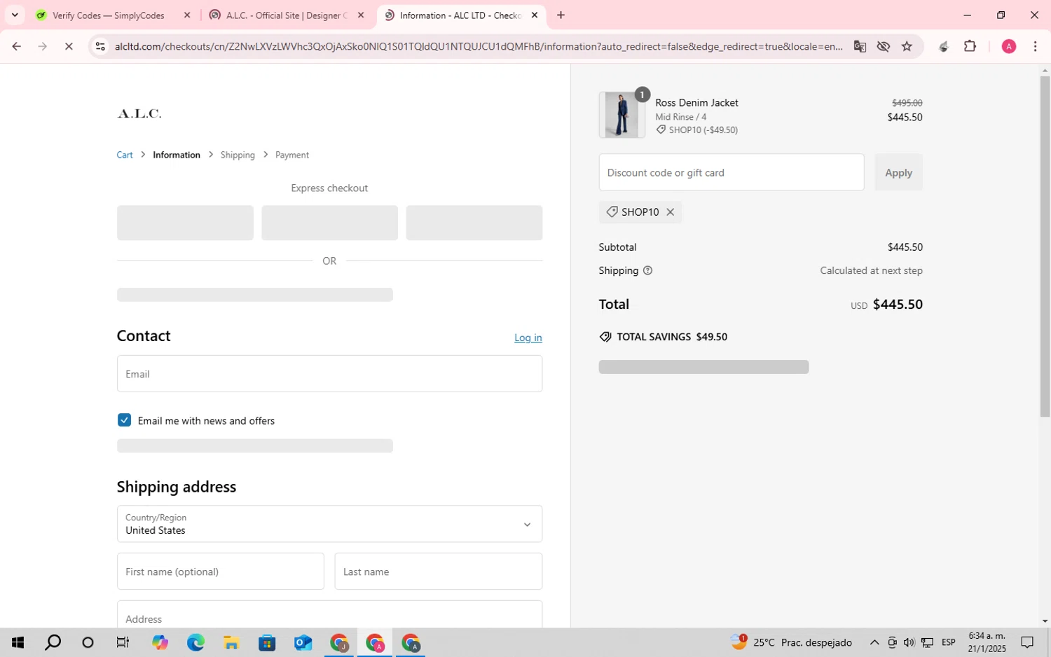 A.L.C. promo code screenshot showing code SHOP10 applied at A.L.C. checkout page. Uploaded by SimplyCodes community member SaleScholar6713 on Jan 21, 2025