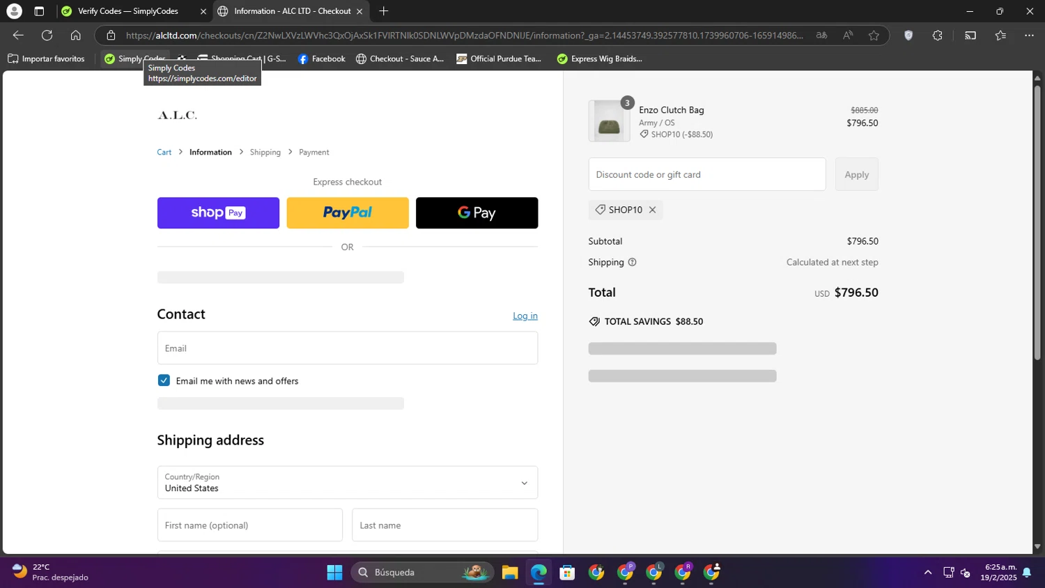 A.L.C. promo code screenshot showing code SHOP10 applied at A.L.C. checkout page. Uploaded by SimplyCodes community member CleverElite5084 on Feb 19, 2025