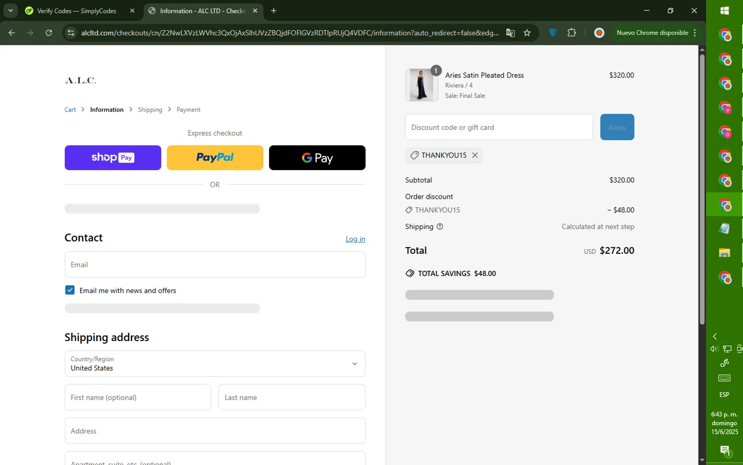 A.L.C. promo code screenshot showing code THANKYOU15 applied at A.L.C. checkout page. Uploaded by SimplyCodes community member CashMaverick8128 on Jun 15, 2025