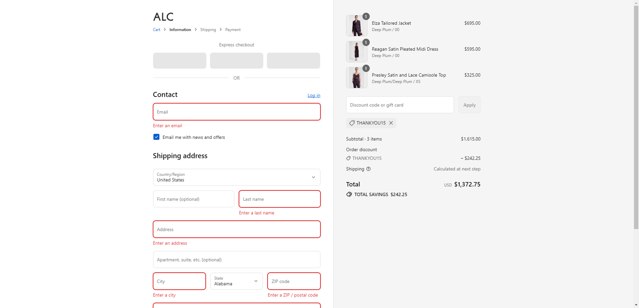 A.L.C. checkout page showing A.L.C. promo code box | Screenshot taken by SimplyCodes community member on Aug 22, 2025
