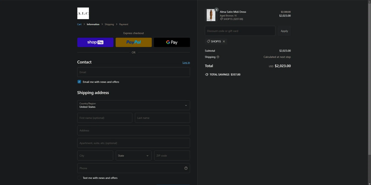 A.L.C. promo code screenshot showing code Shop15 applied at A.L.C. checkout page. Uploaded by SimplyCodes community member POWERRANGERRED on Feb 23, 2025