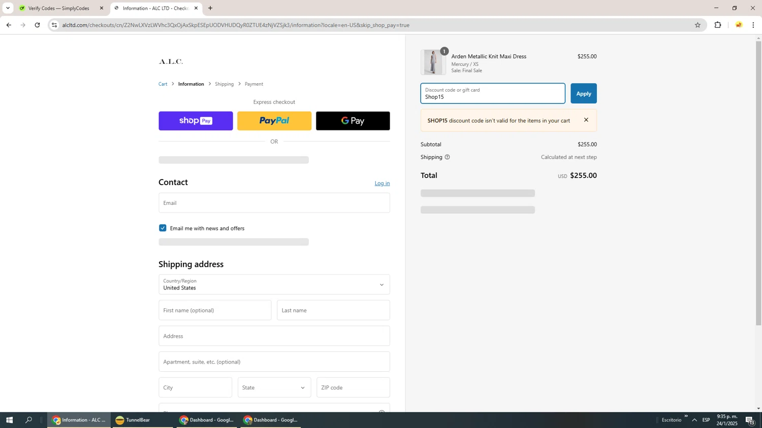 A.L.C. promo code screenshot showing code Shop15 applied at A.L.C. checkout page. Uploaded by SimplyCodes community member Richard251 on Jan 25, 2025