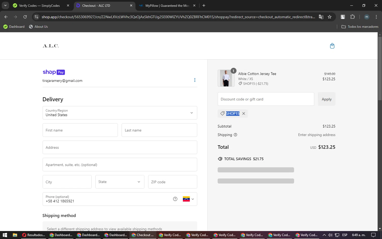 A.L.C. promo code screenshot showing code Shop15 applied at A.L.C. checkout page. Uploaded by SimplyCodes community member CoinHunter3841 on Jan 13, 2025