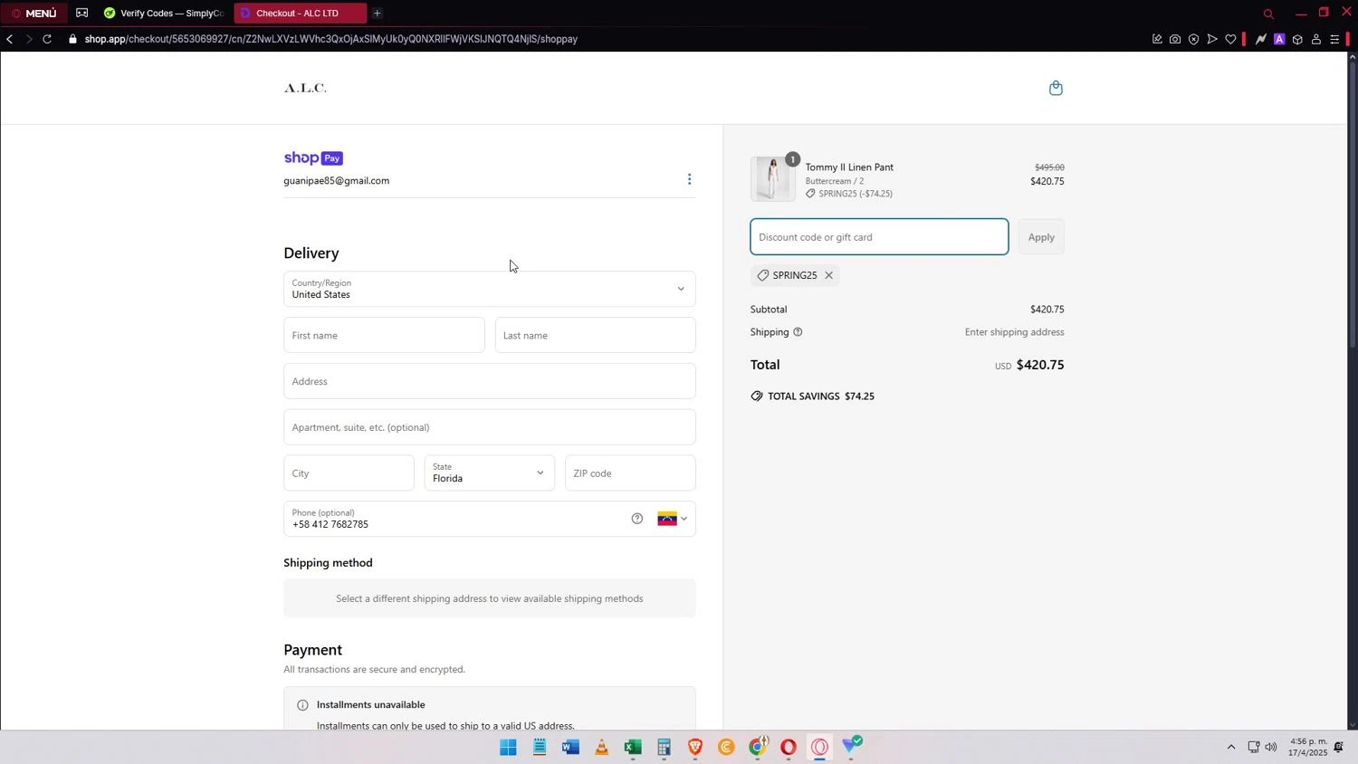 A.L.C. promo code screenshot showing code spring25 applied at A.L.C. checkout page. Uploaded by SimplyCodes community member Elimix on Apr 17, 2025