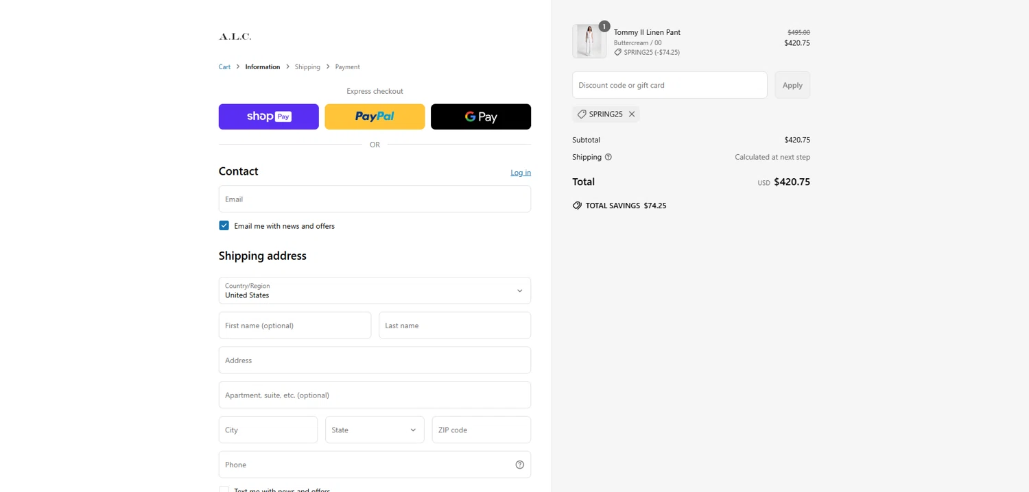 A.L.C. promo code screenshot showing code spring25 applied at A.L.C. checkout page. Uploaded by SimplyCodes community member Dorothy on Apr 17, 2025