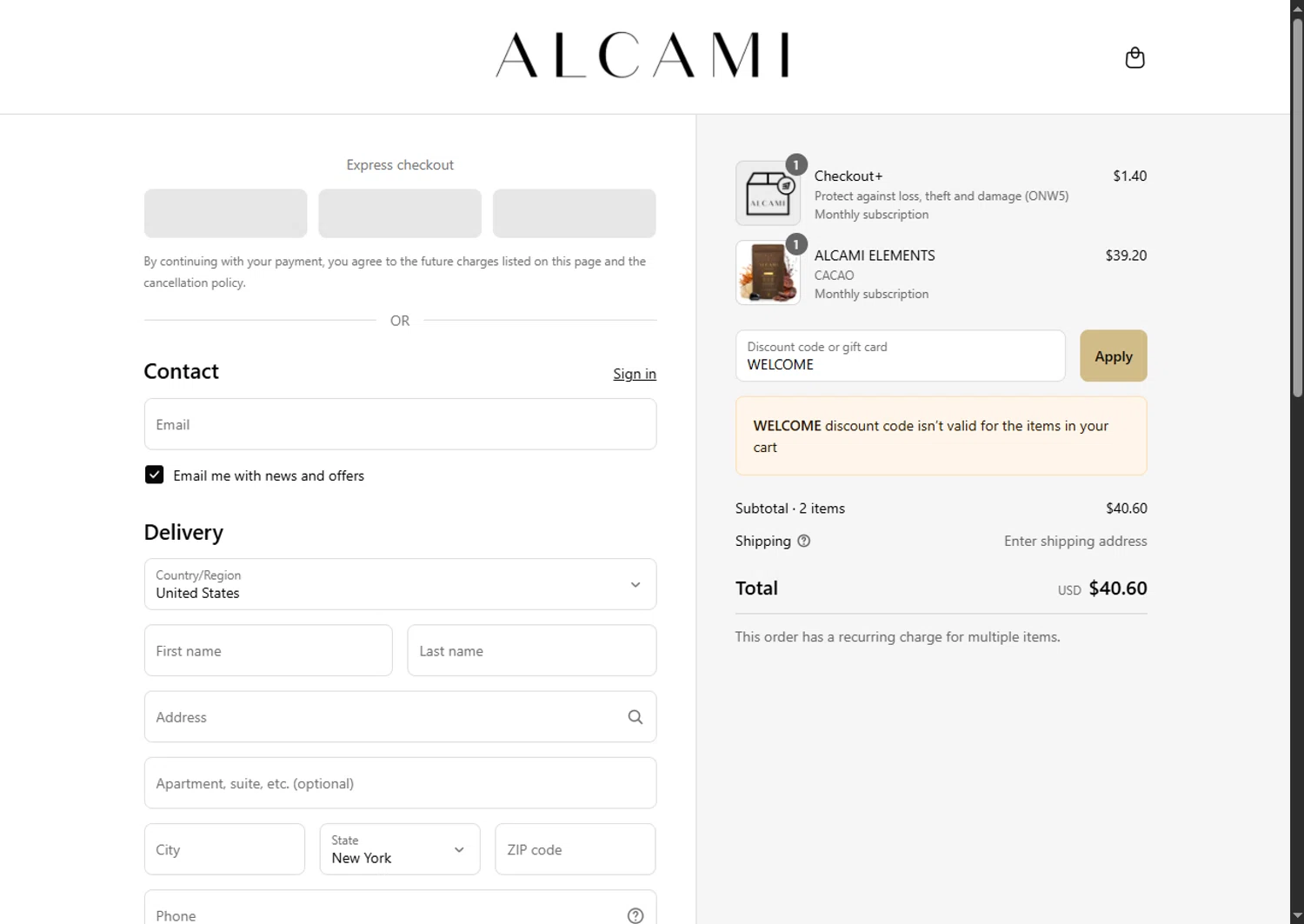 alcamielements promo code screenshot showing code WELCOME applied at alcamielements checkout page. Uploaded by SimplyCodes community member GoldPhoenix3793 on Sep 12, 2025